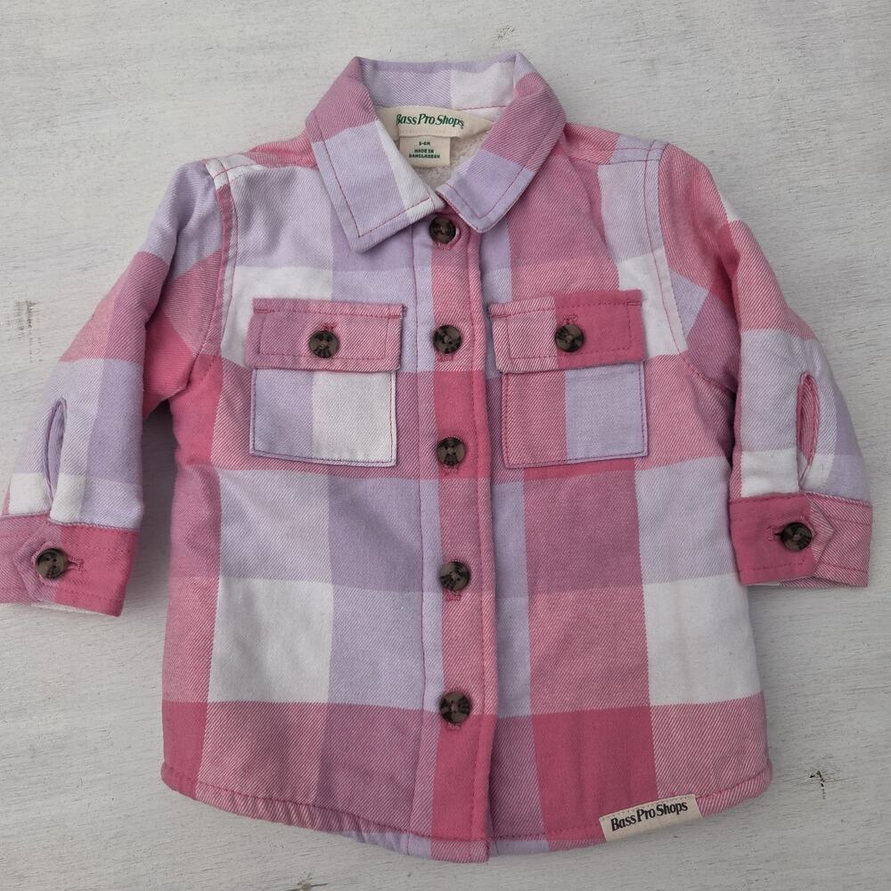 Bass Pro Shops Plaid Shirt Jacket 3-6M Pink Purple White Lined Insulated